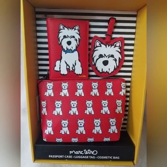 Marc Tetro Passport Case Luggage Tag Cosmetic Pouch Westie Dog 3 Pc Travel Set - Picture 1 of 1